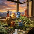 Small AI-generated image showing what appears to be chickens or birds in a sunset-lit farm/garden setting with plants.