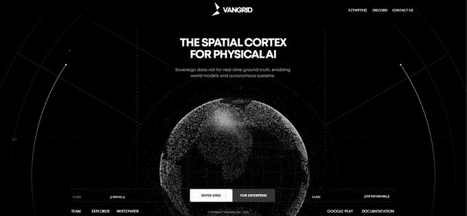 A dark-themed website landing page for Vangrid featuring a wireframe globe with the headline 'THE SPATIAL CORTEX FOR PHYSICAL AI' and navigation options including 'ENTER CAD', 'COHERE', and 'POI ENTERPRISE'.