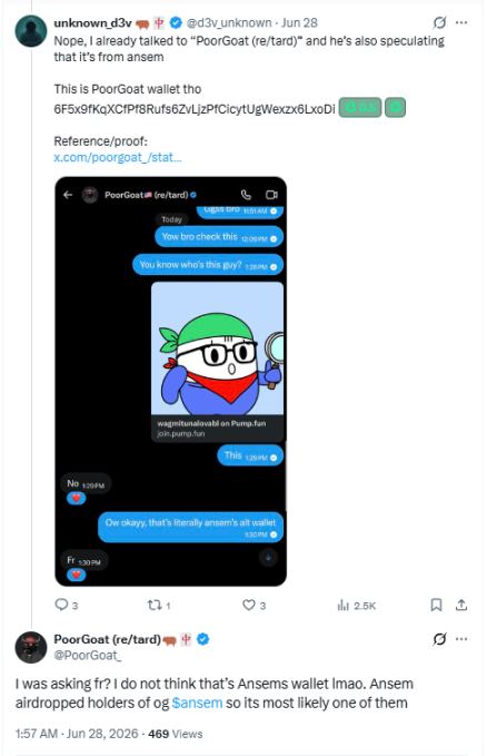 A social media post by user 'unknown_d3v' (@d3v_unknown) discussing a conversation with 'PoorGoat', showing a chat screenshot and referencing 'PoorGoat wallet'.