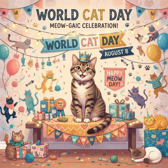 The image is a festive illustration promoting "World Cat Day - Meow-gaic Celebration!" on August 8, featuring a crowned tabby cat as the centerpiece surrounded by gifts, balloons, bunting, and playful cats, with a "Happy Meow Day!" banner — visually matching the post's celebration of International Cat Day and the $CATDAY token on Solana.