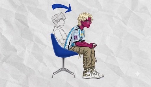 An illustration of a blonde-haired person sitting on a blue office chair against a crumpled paper background, with a black-and-white sketch version of themselves behind them and a blue arrow pointing downward.
