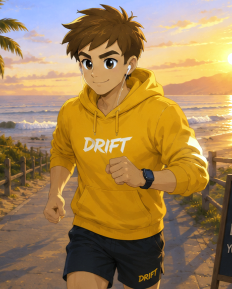An anime-style illustration of a young man with brown hair jogging on a coastal path at sunset. He wears a yellow hoodie with 'DRIFT' printed on it, black shorts also branded 'DRIFT', earphones, and a watch.