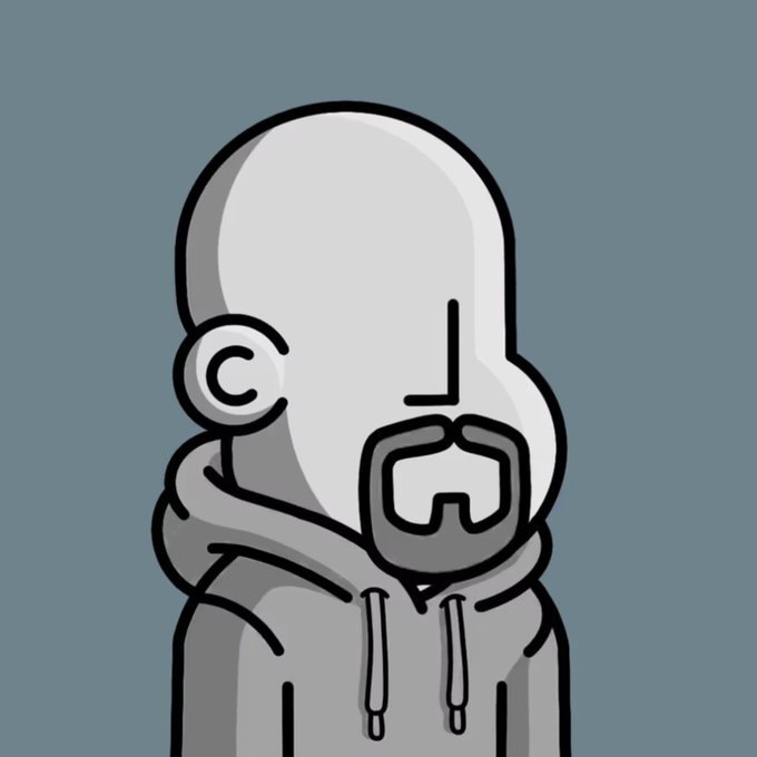 A minimalist black and white line drawing of a bald, bearded man in a hoodie against a gray background, with a distinctive 'C' shaped ear.
