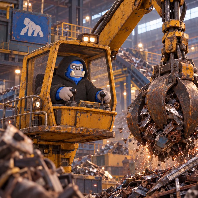 A blue gorilla-like character in a black hoodie operates a yellow industrial crane with a large rusty grabber in a scrapyard filled with metal debris.