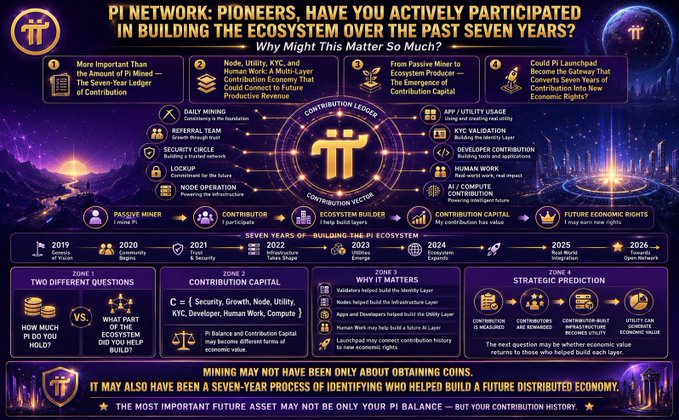 An infographic addressing Pi Network pioneers about their seven years of ecosystem-building contributions, highlighting key milestones from 2019-2026, daily mining roles (Referral Team, Security Circle, Node Operation), contribution vectors (Utility Usage, KYC Validation, Developer Contribution, Human Work), and prediction zones comparing contribution capital versus monetary holdings to assess future utility rights.