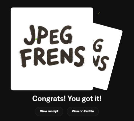Two overlapping cards with hand-drawn text reading 'JPEG FRENS' and 'G VS G' with a 'Congrats! You got it!' message below.