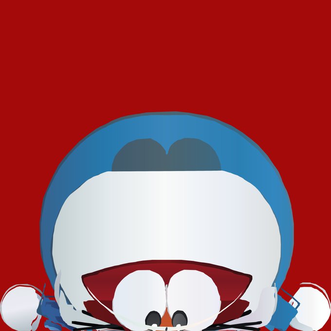 A cartoon character with a blue hood, white face, and wide open mouth is centered against a solid red background.