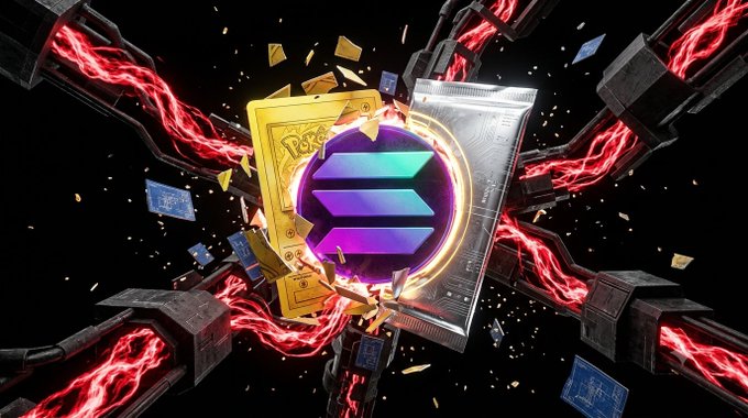 A dynamic 3D digital artwork features the purple and teal Solana logo at the center, surrounded by shattering digital cards, glowing red energy chains, and floating screens on a black background.