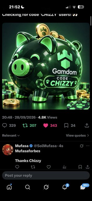 A social media post screenshot showing a post titled 'Checking for code "CHIZZY" users: 🎲' with the Gamdom piggy bank image, receiving 4.8K views and 343 likes, with a reply from user 'Mufasa' saying 'Thanks Chizzy'.