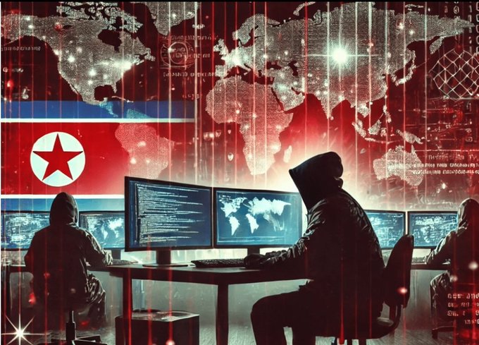 An illustration of hooded hackers at computers in front of a world map with the North Korean flag, depicting cyber activity.