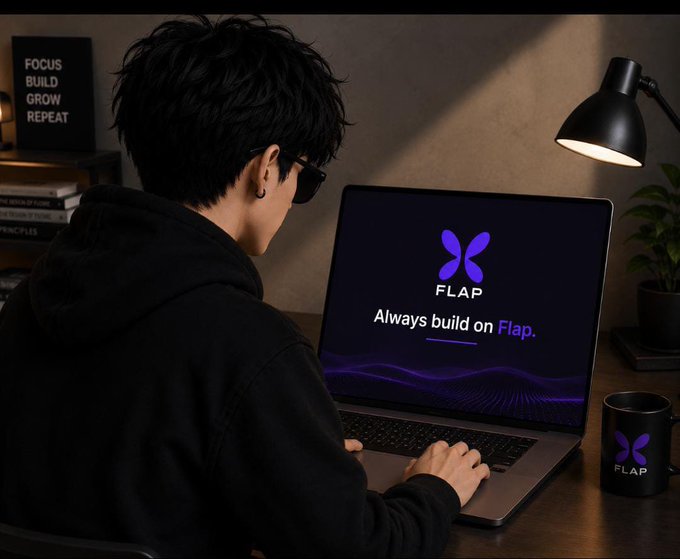 A person wearing sunglasses and a black hoodie working on a laptop in a dimly lit room, with the screen displaying 'FLAP - Always build on Flap.' logo, alongside a 'FOCUS BUILD GROW REPEAT' sign and a matching FLAP mug.