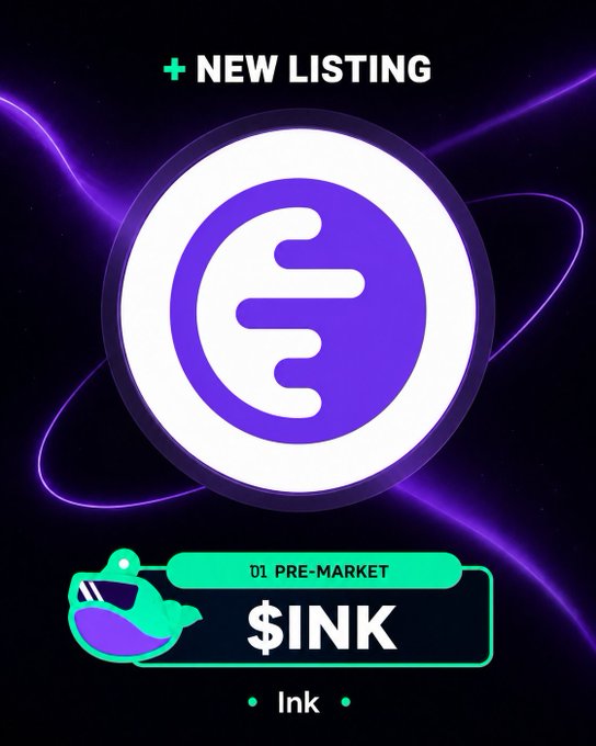 Promotional graphic announcing a '+ NEW LISTING' for '$INK' on '01 PRE-MARKET' with a purple stylized logo.