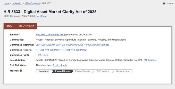 This is an image of a computer screen with an open page displaying the digital asset market clarity act. It appears that the screenshot was taken during a discussion or meeting around the act, possibly at the Senate Committee on Agriculture. The text "CLARITY Act" suggests that this might be related to matters concerning agriculture and financial services. Another text in the image indicates that the act is being referred to as an important piece of legislation by one person, suggesting its significance within the context of the meeting or discussion.