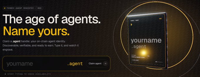 A promotional banner for 'TENNX AGENT REGISTRY' with the tagline 'The age of agents. Name yours.', encouraging users to claim an .agent handle, featuring an input field with 'yourname.agent' and a digital card preview.