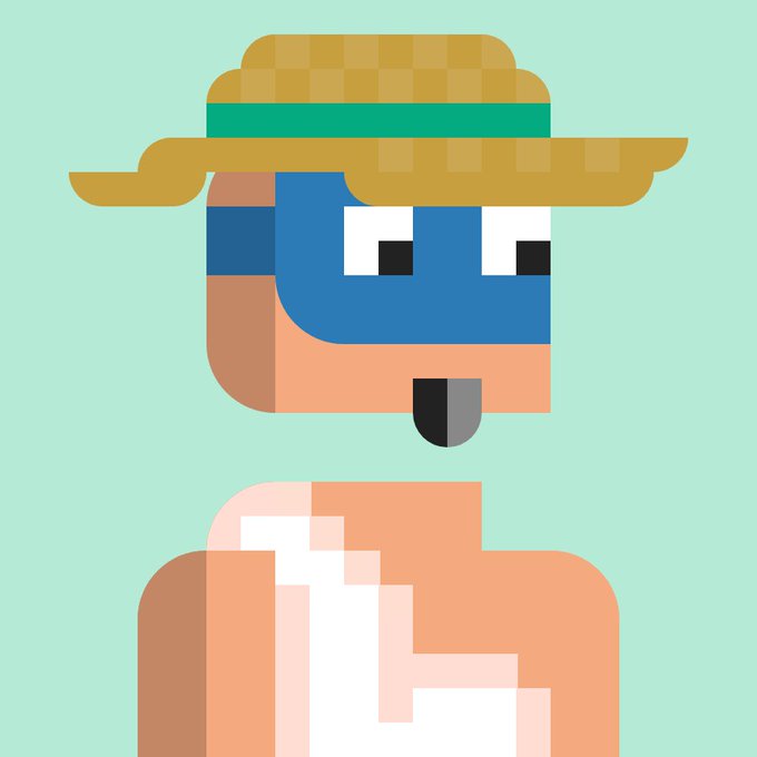 A pixel art illustration depicts a character wearing a wide-brimmed straw hat and a blue mask, standing against a light teal background.