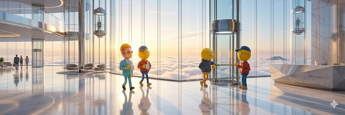 Four 3D yellow smiley-face characters in different outfits stand in pairs inside a futuristic glass building lobby with elevators, overlooking a sea of clouds at sunset.