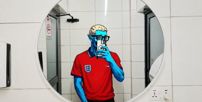 A mirror selfie shows a person with edited blue skin, blonde hair, and glasses wearing a red England jersey, which complements the caption's theme of confident self-expression and resilience in the face of potential setbacks.