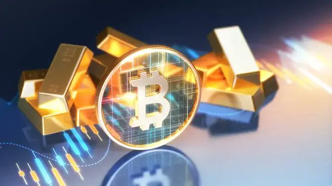 A digital rendering of a gold Bitcoin coin standing upright in front of a pile of gold bars and additional cryptocurrency coins, with financial candlestick charts glowing in the background.