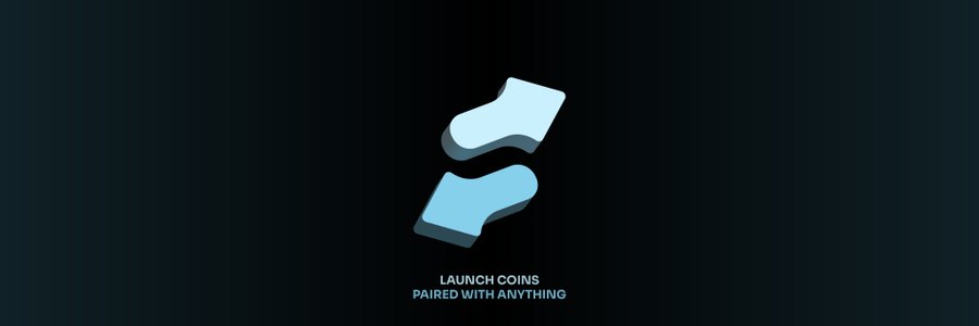 A logo animation on a dark background showing two abstract curved shapes in light blue with the text 'LAUNCH COINS PAILED WITH ANYTHING'.