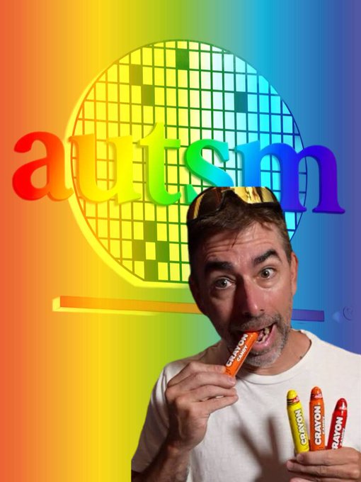 A man in a white t-shirt and sunglasses on his head holds a Crayola crayon in his mouth while displaying others, standing in front of a rainbow background with a disco ball and the word 'autism'.