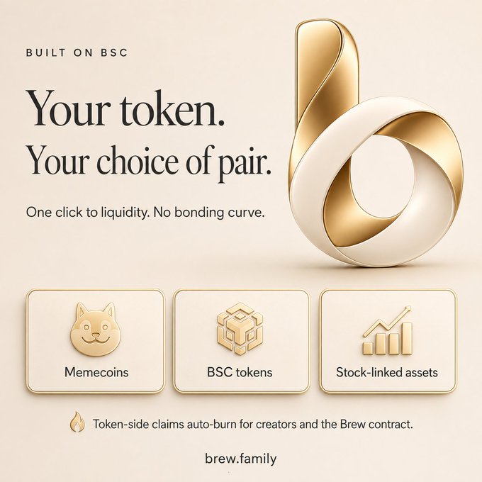 A promotional graphic with the text 'Built on BSC', 'Your token. Your choice of pair.', and 'One click to liquidity. No bonding curve,' showcasing gold 3D shapes and icons for 'Memecoins', 'BSC tokens', and 'Stock-linked assets'.