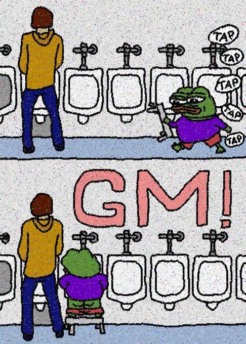 A two-panel meme featuring a Pepe the Frog character repeatedly tapping a man's shoulder in a public restroom; the bottom panel shows the frog sitting next to him with a large 'GM!' graphic.