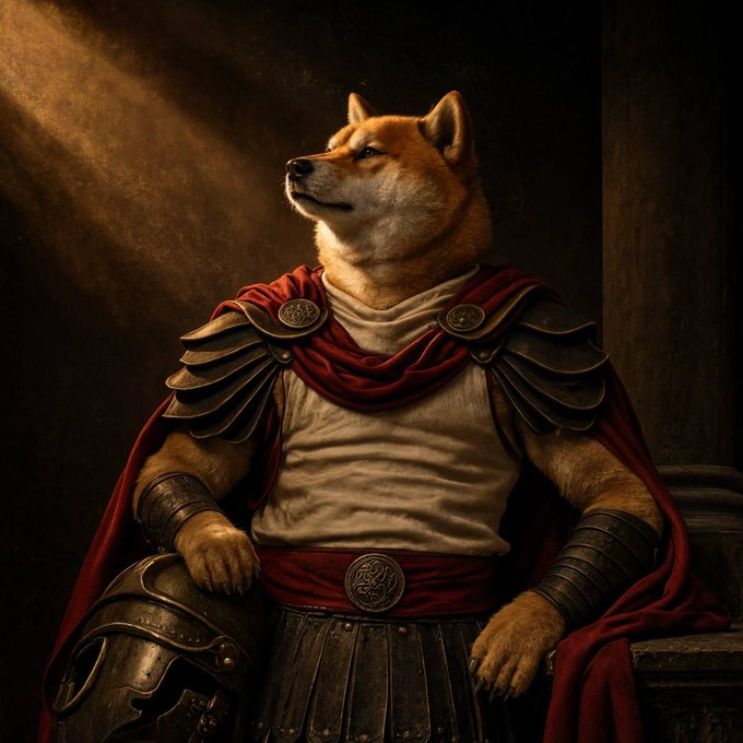 A Shiba Inu dog portrayed as a Roman gladiator, wearing ornate armor with a red cape and decorative medallion, evoking the majesty of an ancient warrior commander. The regal pose and dramatic lighting playfully elevate the "Dogeus Maximus" theme, casting the Doge meme as a noble, heroic figure of legend.