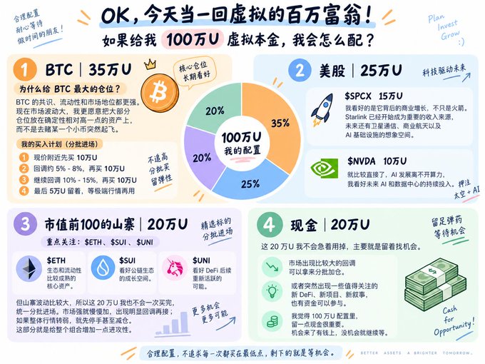 A Chinese-language infographic titled 'OK, 今天当一回虚拟的百万富翁!' detailing a hypothetical $1M portfolio allocation across BTC (35%), US Stocks like $SPX and $NVDA (25%), top altcoins like $ETH, $SUI, $UNI (20%), and cash (20%).