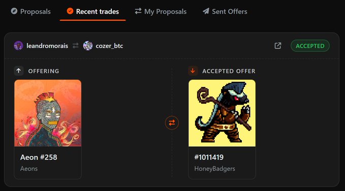A 'Recent trades' interface showing an accepted exchange between users leandromorais and cozer_btc, where Aeon #258 was offered in exchange for HoneyBadgers #1011419.