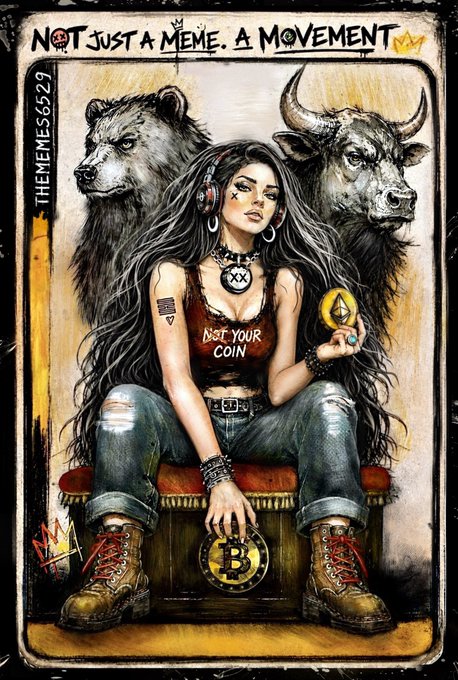 An illustrated poster titled 'NOT JUST A MEME. A MOVEMENT' shows a woman with a 'XXX' eye patch and 'DUST YOUR COIN' shirt holding a Bitcoin coin, flanked by a bear and bull.