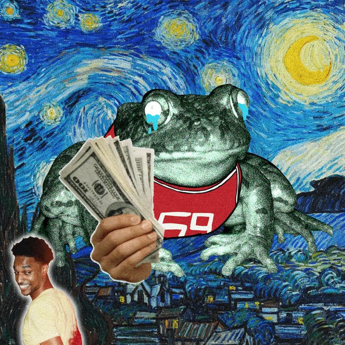A surreal meme featuring a crying frog wearing a red '59' jersey, holding a fan of dollar bills, set against Van Gogh's Starry Night background, with a cutout of Will Smith's smiling face in the bottom left corner.