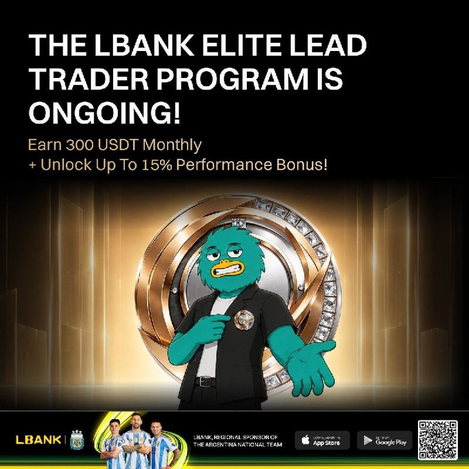 The image promotes "THE LBANK ELITE LEAD TRADER PROGRAM IS ONGOING!" offering "300 USDT Monthly + Unlock Up To 15% Performance Bonus," featuring a teal mascot character in a black shirt standing before a circular golden emblem, with LBank's sponsorship of the Argentina National Team (Messi pictured) displayed at the bottom along with App Store and Google Play download badges and a QR code—visually reinforcing the post's message about LBank's elite trader support program.