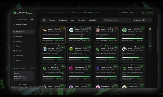 A screenshot of the Canopy testnet interface showing various token launchpads like 'Aleo,' 'Inco,' 'Hyper,' and 'Weil' with associated metrics.