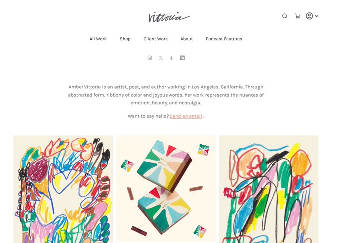 A screenshot of artist Amber Vittoria's website homepage, featuring her signature and navigation links, with colorful abstract artworks of figures displayed below her bio.