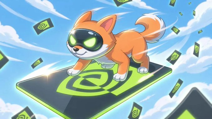 A stylized illustration features a cartoon dog wearing glowing green sunglasses riding a hovering green laptop with a swirl logo, surrounded by floating digital cards in a bright blue sky.