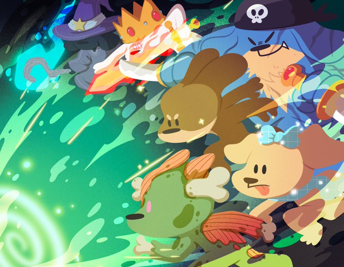 An animated illustration featuring cartoon characters including a wizard with a skull hat, a princess, a dog-like creature, and a green zombie-like character amidst a green magical background.