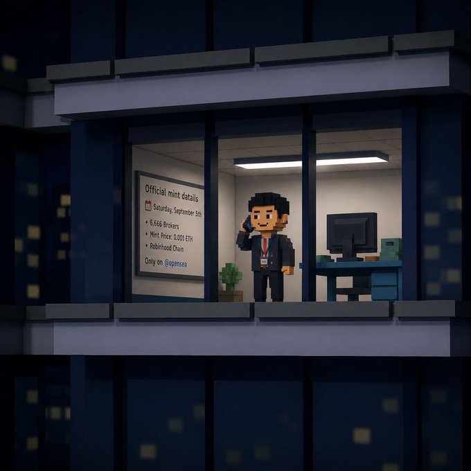 A pixel-art scene of an office worker in a window with a whiteboard reading 'Official mint details: Saturday September 5th, 6,666 Brokers, Mint Price: 0.001 ETH, Robinhood Chain, Only on Ropomoa.'