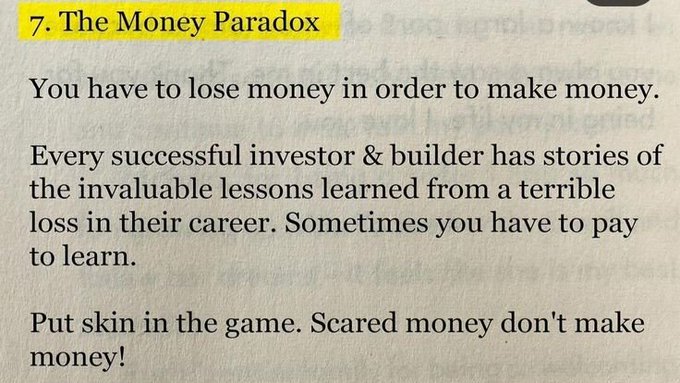 A highlighted text excerpt titled '7. The Money Paradox' stating 'You have to lose money in order to make money,' advising that investors learn from losses and that 'scared money don't make money.'