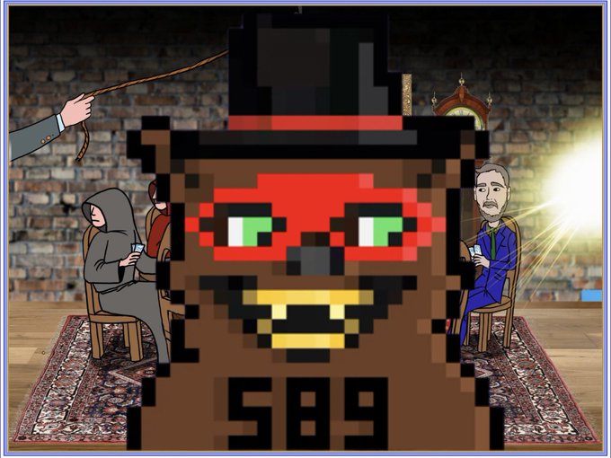 A pixel-art character with green eyes, a black top hat, and '589' on its chest stands in a courtroom setting with seated figures.