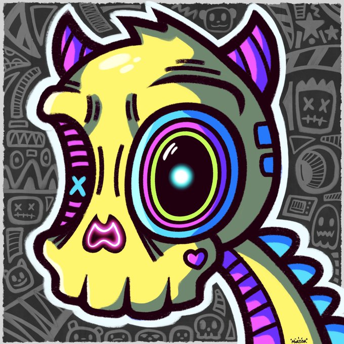 A vibrant pop-art style illustration features a yellow unicorn-skull hybrid with a large, hypnotic multicolored eye, set against a dark background patterned with small gray monster icons and signed 'Marcosk'.