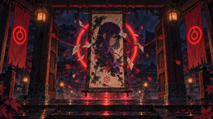 An anime-style illustration showing a portrait of a girl with purple hair on a hanging scroll, surrounded by a glowing red circle, red banners with eye symbols, and falling leaves in a dark, atmospheric setting.