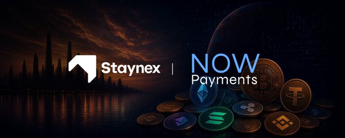 A promotional graphic featuring a futuristic cityscape and assorted cryptocurrency coins, displaying the "Staynex | NOWPayments" co-branded logos to advertise crypto-powered travel accommodations for the TOKEN2049 event.
