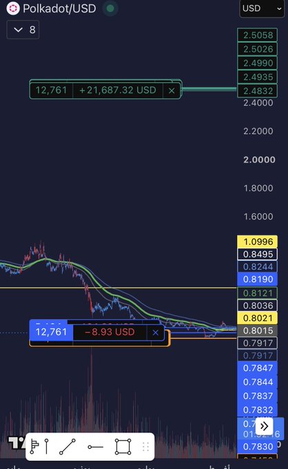 A TradingView chart showing Polkadot/USD (DOT/USD) with position markers indicating 12,761 units at -8.93 USD and +21,687.32 USD.