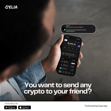 A man uses the cryptocurrency app "Celia" on his smartphone to send crypto, with the screen displaying a balance of $2,595.79 and a notification asking "Where are you sending funds?". The Celia logo appears at the top with app download links for Google Play and the App Store shown at the bottom, aligning with the post's message of fast crypto transactions.