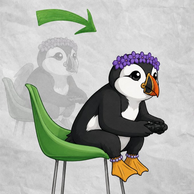 Illustration of a penguin wearing purple flowers on its head, a beaded anklet, and orange webbed feet, sitting on a green chair playing a video game controller, with a faded before-image of the penguin in the background and a green arrow above.