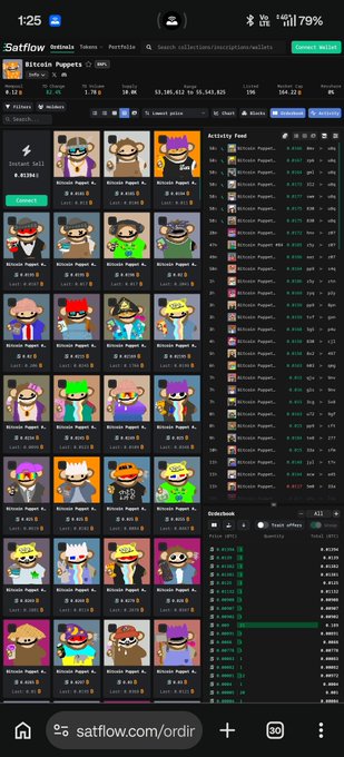 A screenshot of the Sattflow website displaying a marketplace of Bitcoin Puppets NFTs for sale, with various cartoon puppet characters and an activity feed showing transactions.