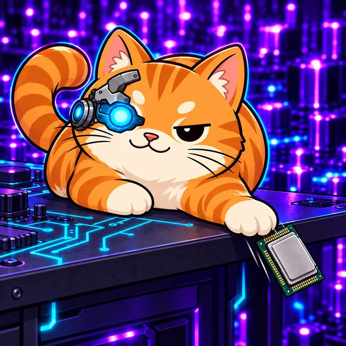 A cartoon illustration of an orange tabby cat with a robotic eye/eyepiece, lying on a circuit board and holding a CPU chip, set against a purple neon-lit background.