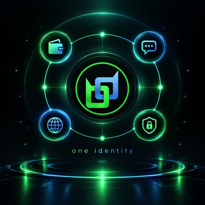 Neon digital graphic featuring the BChat logo with the tagline 'one identity,' surrounded by icons representing wallet, messaging, internet, and security functions on a dark background.
