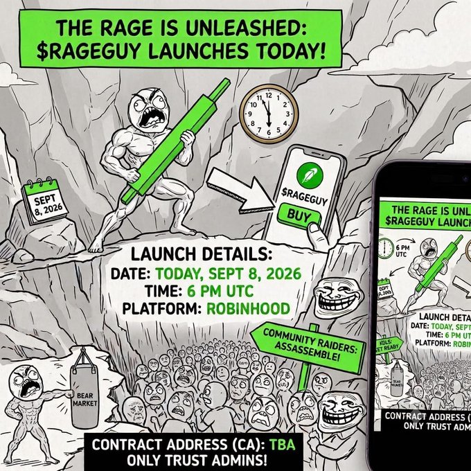 A promotional graphic for the $RAGEGUY token launch announces "THE RAGE IS UNLEASHED: $RAGEGUY LAUNCHES TODAY!" with details showing "DATE: TODAY, SEPT 8, 2026," "TIME: 6 PM UTC," and "PLATFORM: ROBINHOOD," featuring the classic rage face character wielding a green pen among a crowd, alongside a mobile phone mockup displaying the same launch information.