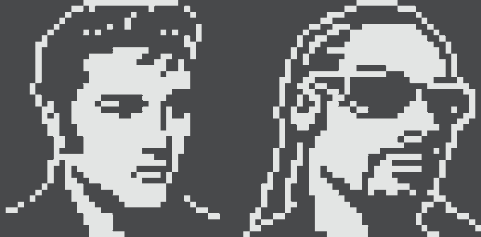 Two pixel art character portraits in black and white are shown side by side, with a male figure on the left and a female figure with a headband on the right.